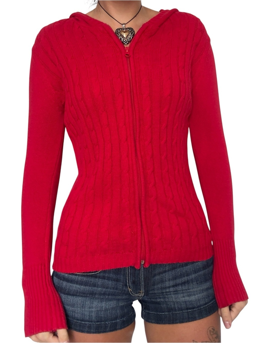 Y2K Women's Red Cable-Knit Hooded ZipUp Sweater